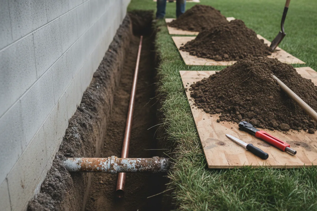 Excavated water line trench during Water Softener Installation in Colfax